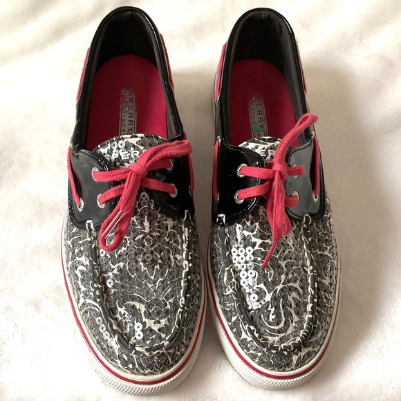 Black White Red Sperry Biscayne Sequined Loafer Lace Up Boat Shoes Size 8M - Picture 4 of 15